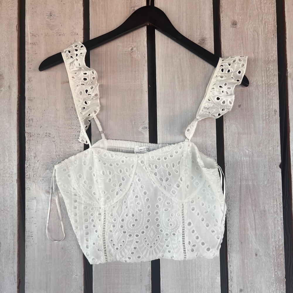 Kirious Los Angeles Crop Top Womens XL White New Eyelet Ruffle Bustier Smocked